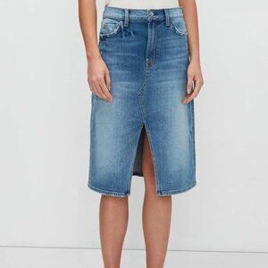 7 For All Mankind Beauty Denim Slit Front Midi Skirt With Destroy In Fig Leaf-26